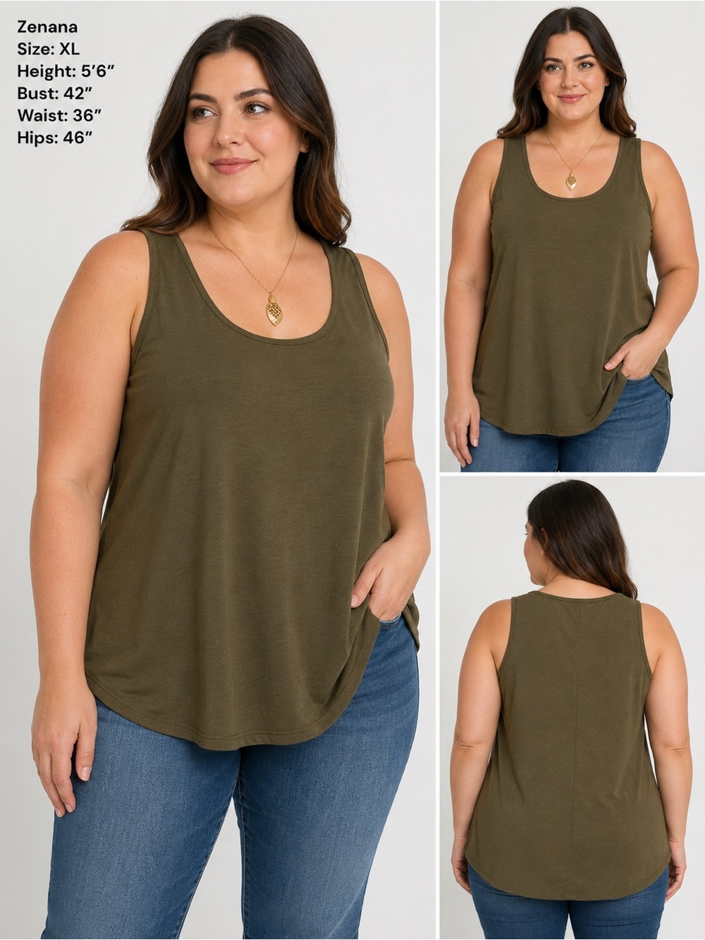 Zenana Olive Green Sleeveless Swing Tank Top XL Soft Stretch Casual Boho